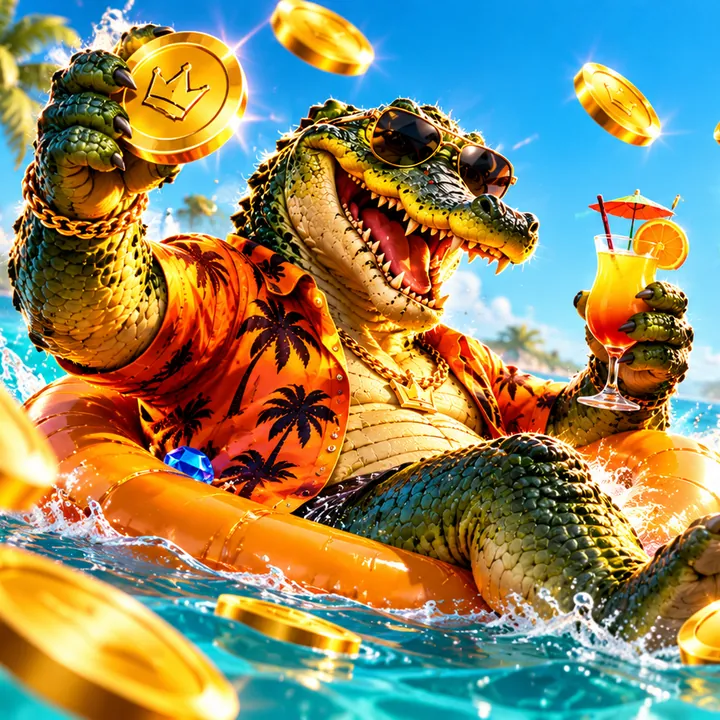 Crocodile mascot floating on a gold ring next to a treasure chest of coins