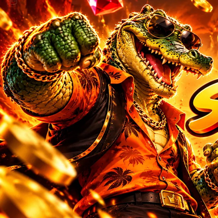Crocodile mascot punching through a shower of gold coins and rubies